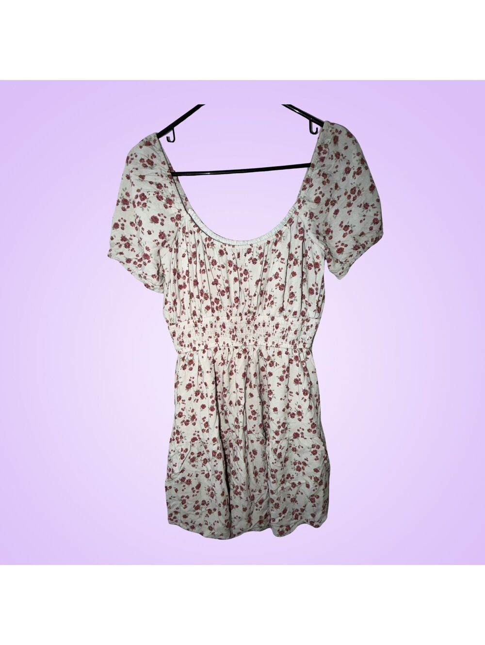 Hollister Size Large Gray Burgundy Floral Puff Sleeve Mini Dress | Cottagecore